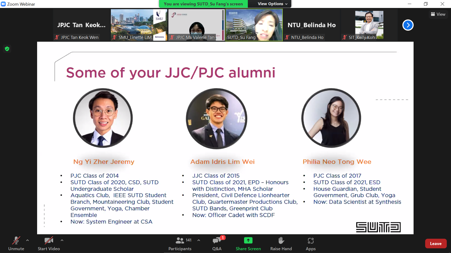 Zoom webinar showing a shared slide titled "Some of your JJC/PJC alumni" with three alumni profiles and photos.